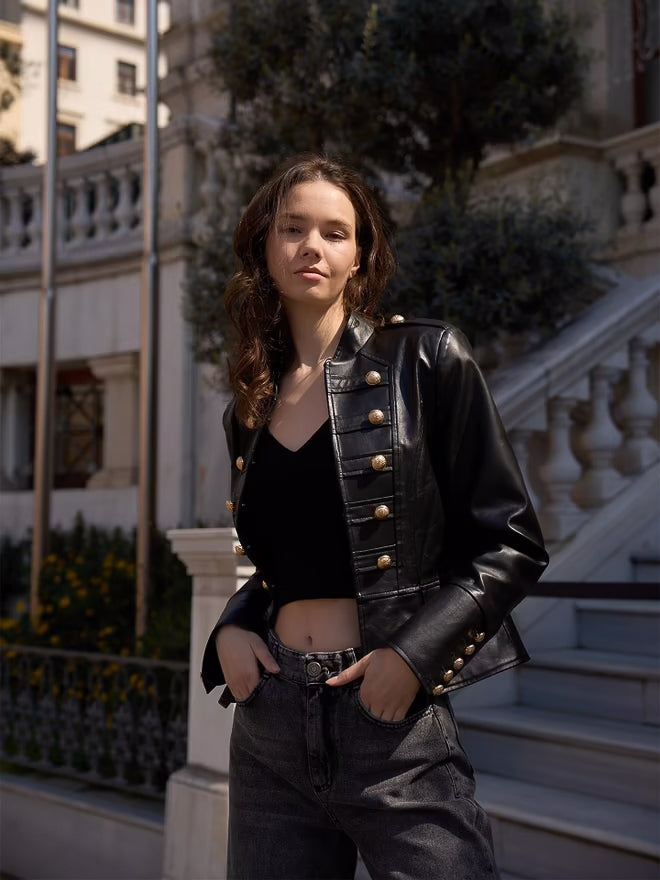 Leather Jacket with Gold Button Detail – Black