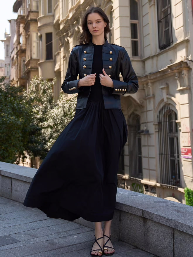 Leather Jacket with Gold Button Detail – Black