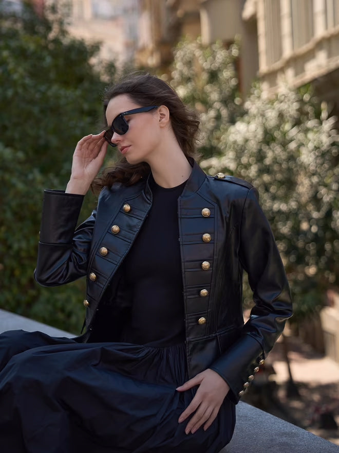 Leather Jacket with Gold Button Detail – Black