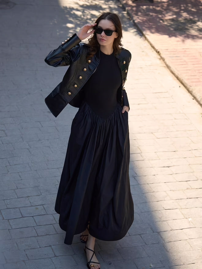 Leather Jacket with Gold Button Detail – Black