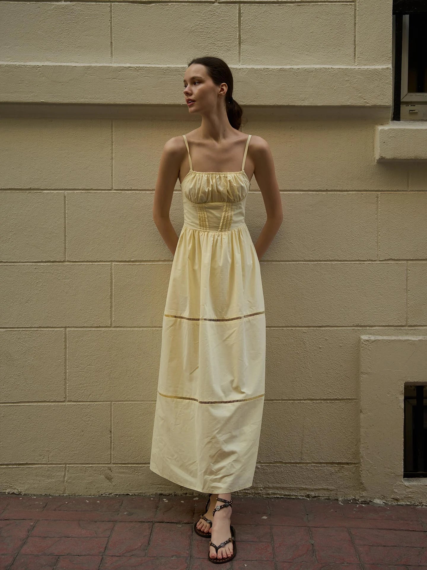 Poplin Maxi Dress with Straps – Yellow