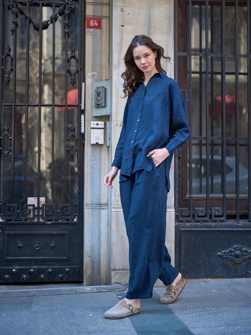 Linen Pants with Elastic Waist – Navy Blue