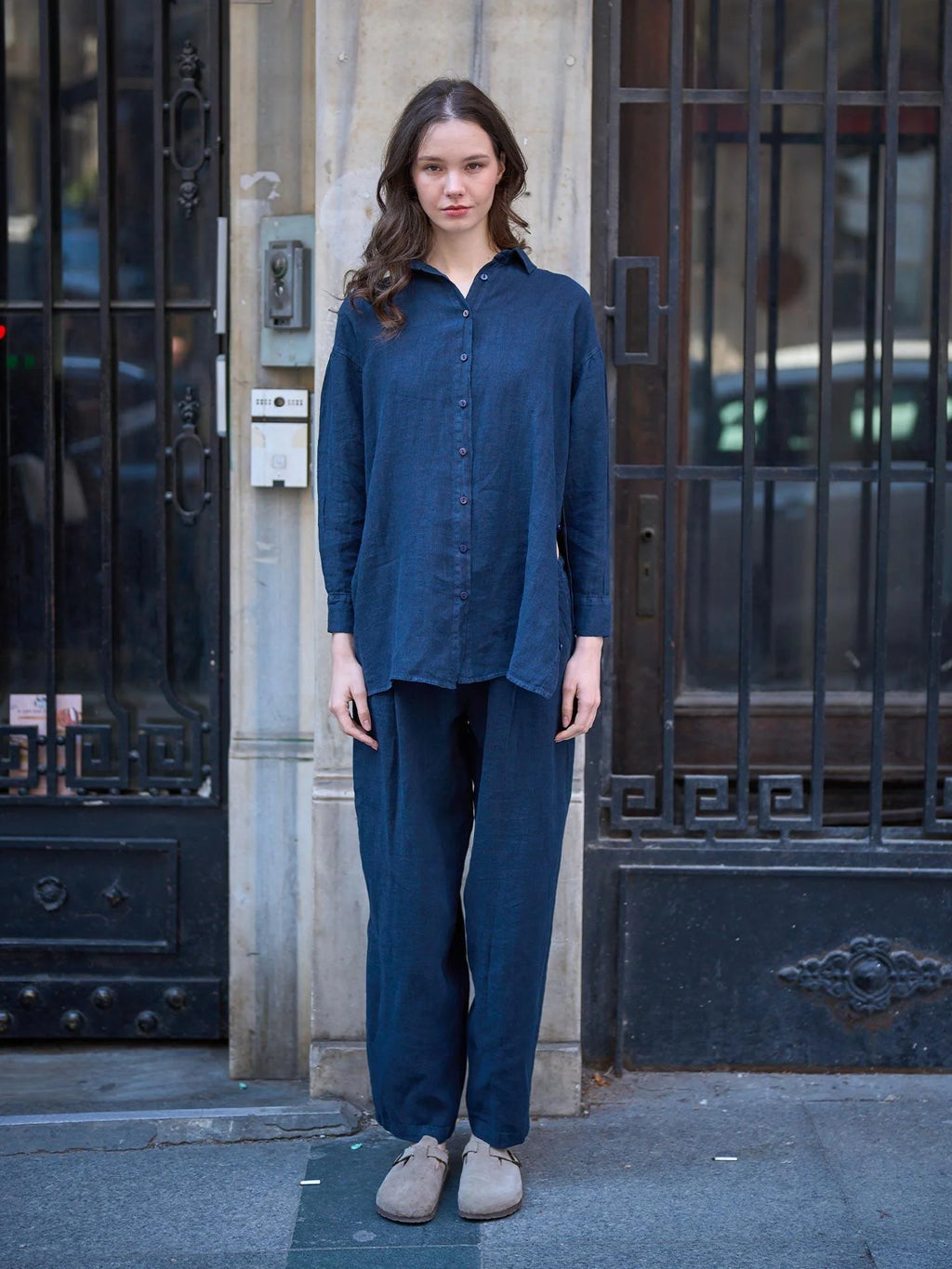 Linen Shirt with Side Buttons – Navy Blue