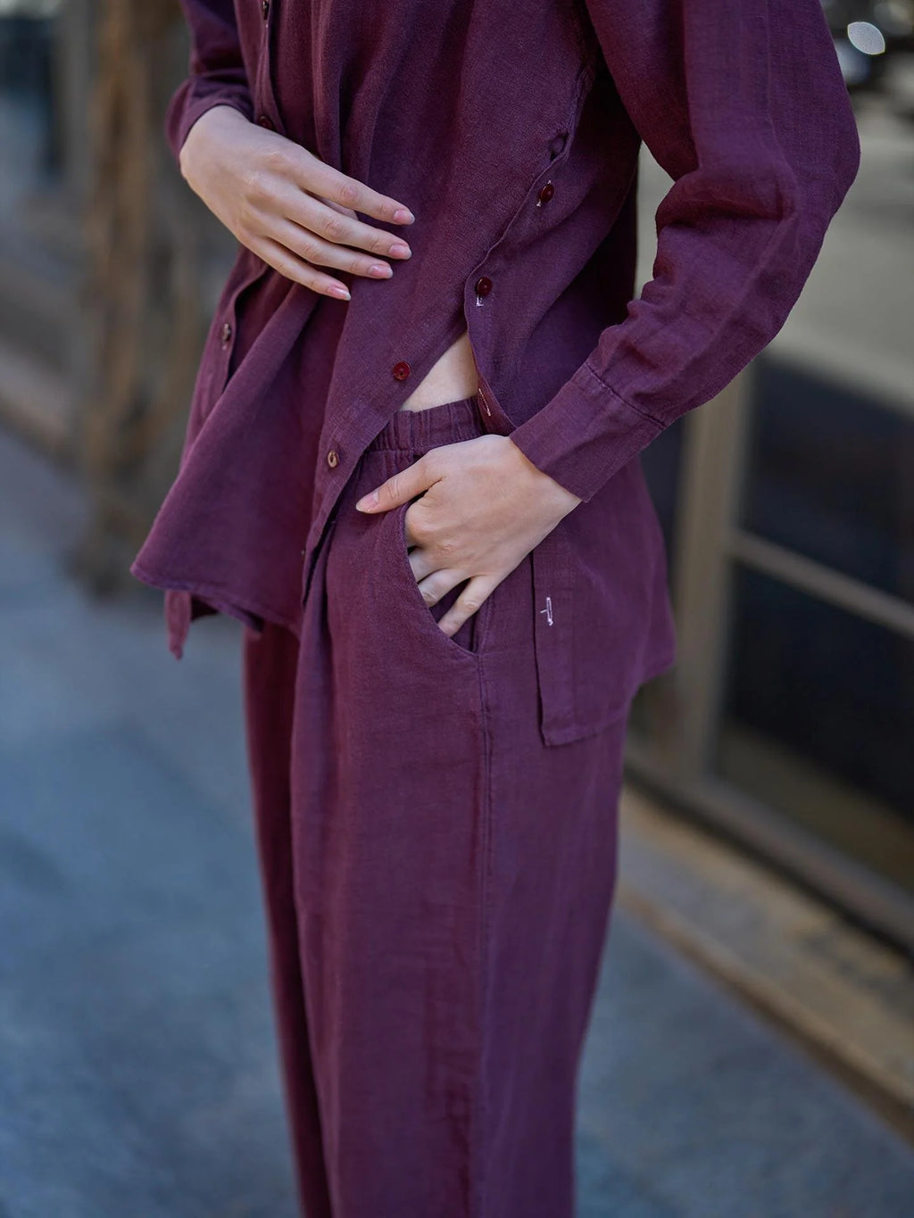 Linen Shirt with Side Buttons – Burgundy