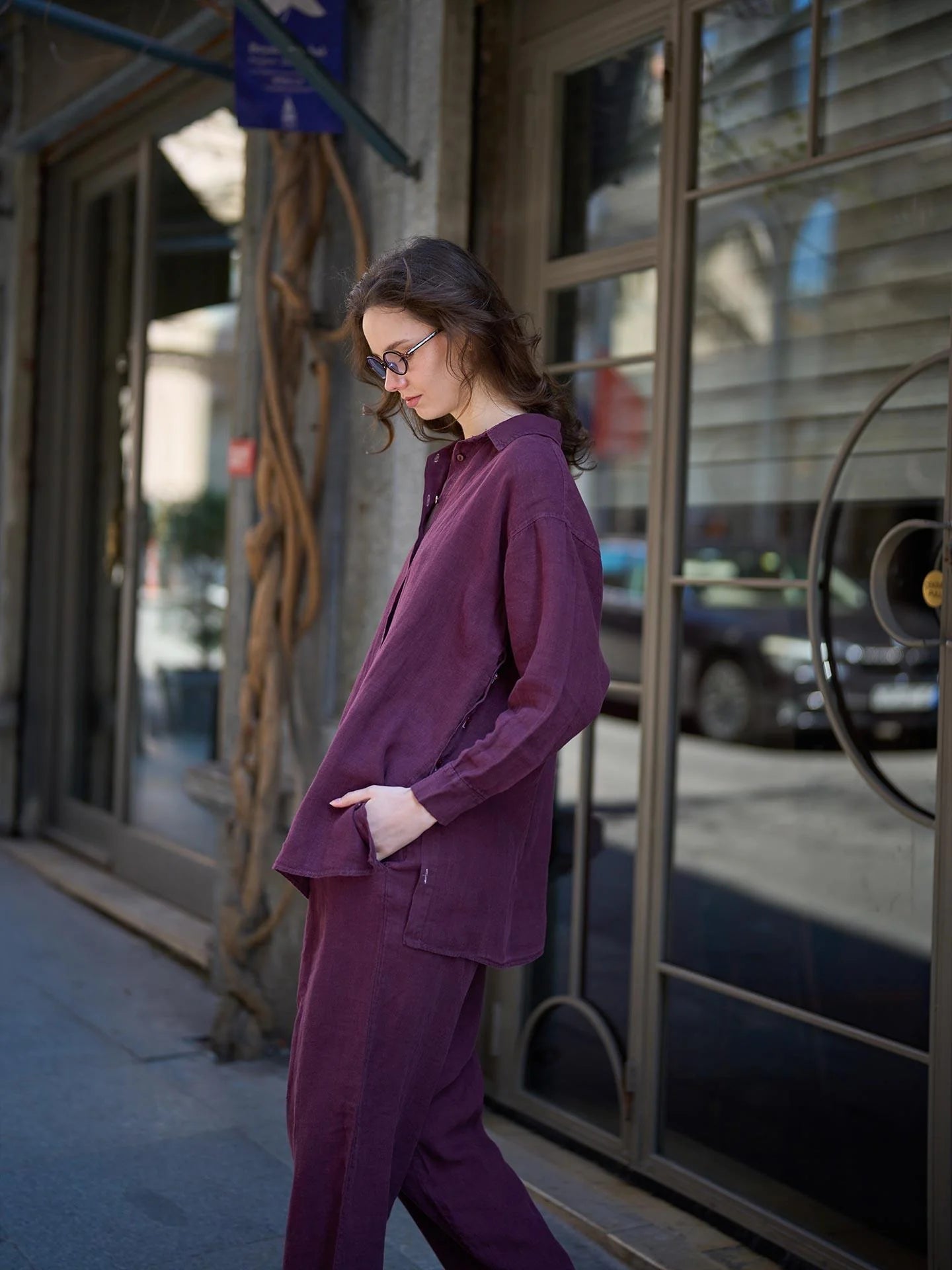 Linen Pants with Elastic Waist – Burgundy