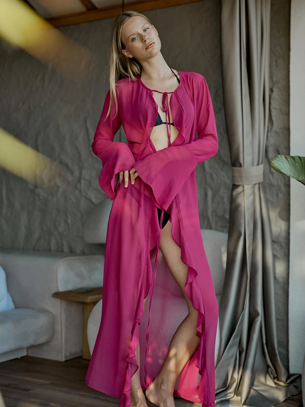 Long Ruffled Chiffon Kimono – Fuchsia