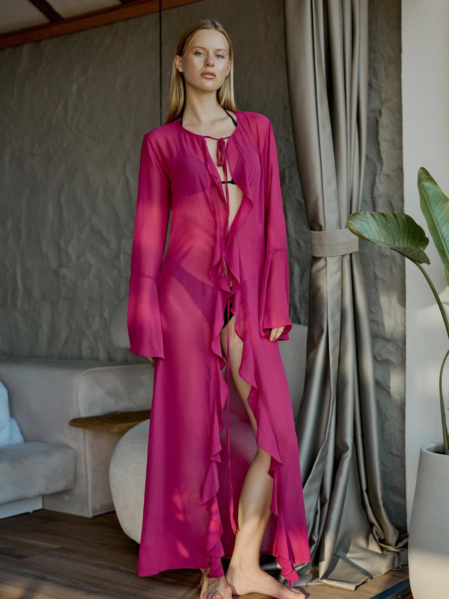 Long Ruffled Chiffon Kimono – Fuchsia