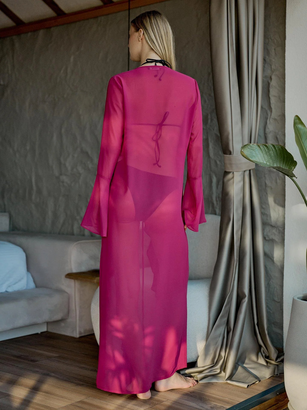 Long Ruffled Chiffon Kimono – Fuchsia