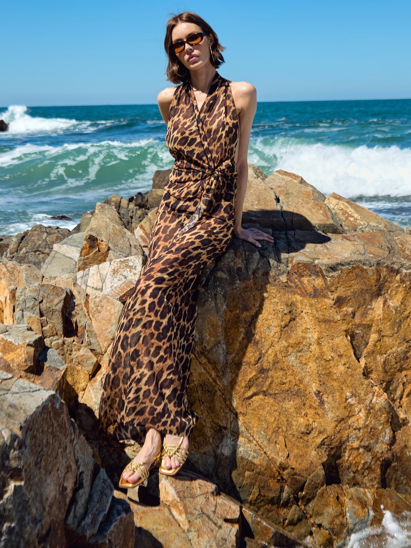 Saia Midi em Chiffon Estampa de Onça