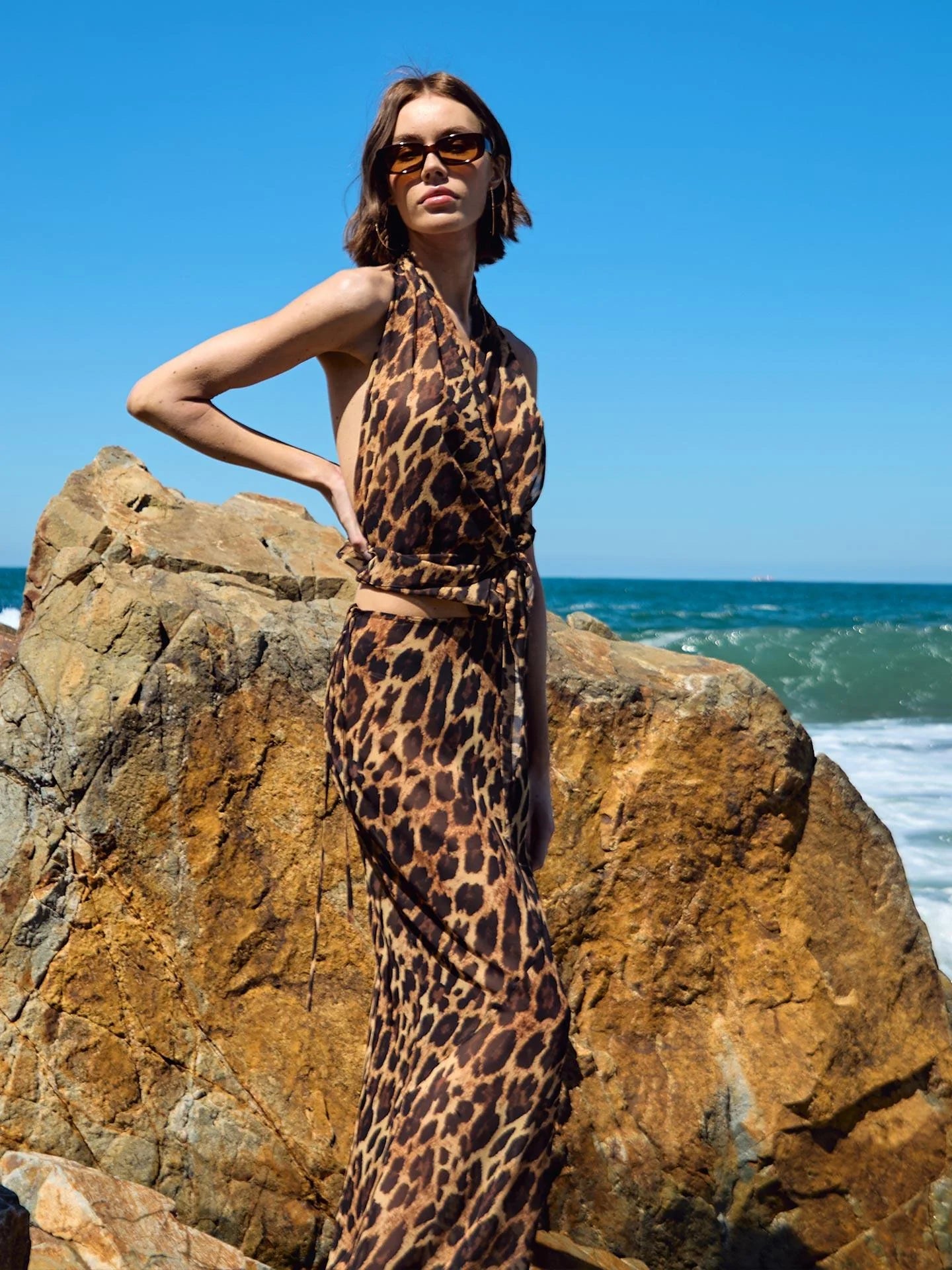 Saia Midi em Chiffon Estampa de Onça