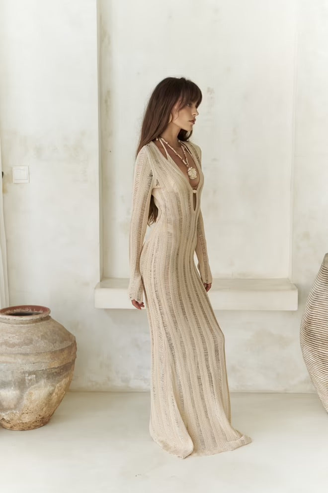 Anandra Long Knit Dress with Bead Detail