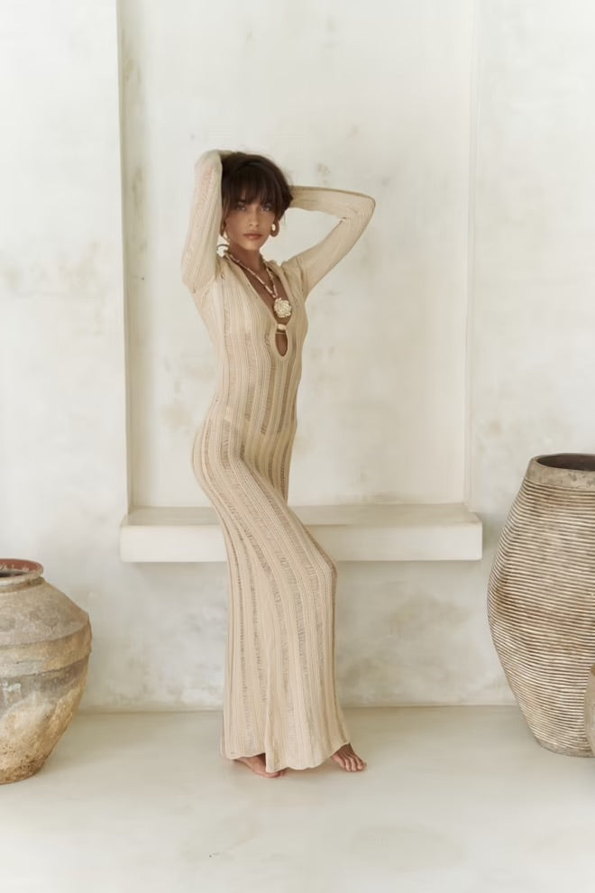 Anandra Long Knit Dress with Bead Detail