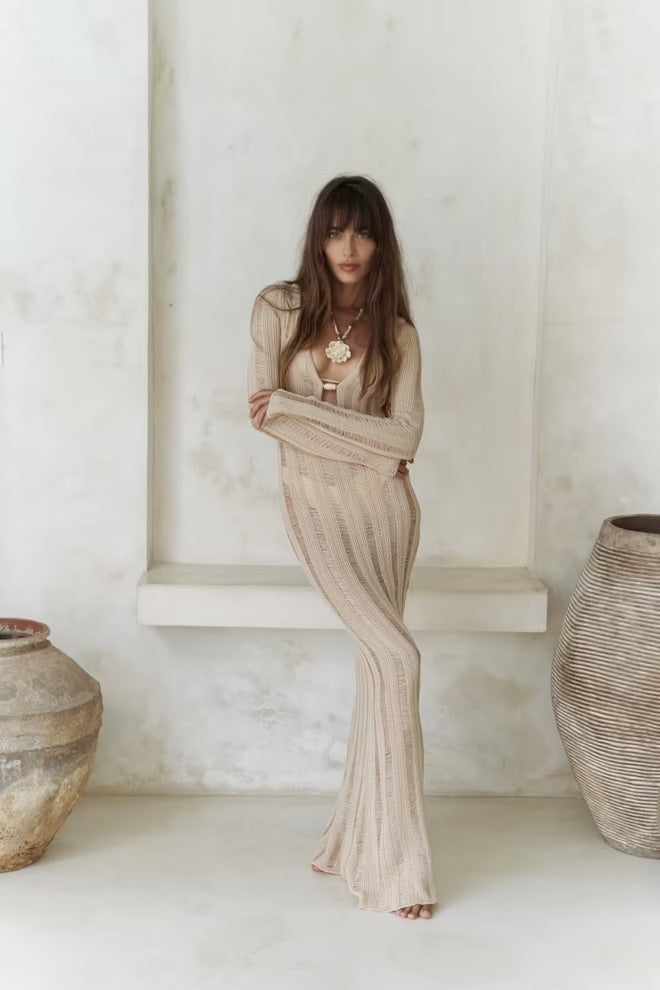 Anandra Long Knit Dress with Bead Detail