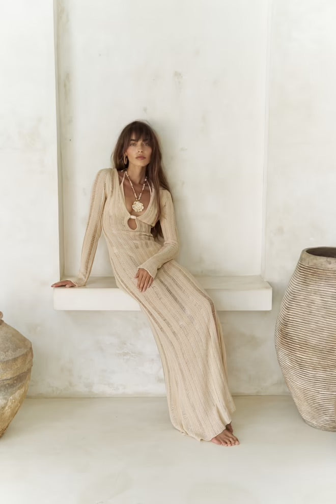 Anandra Long Knit Dress with Bead Detail