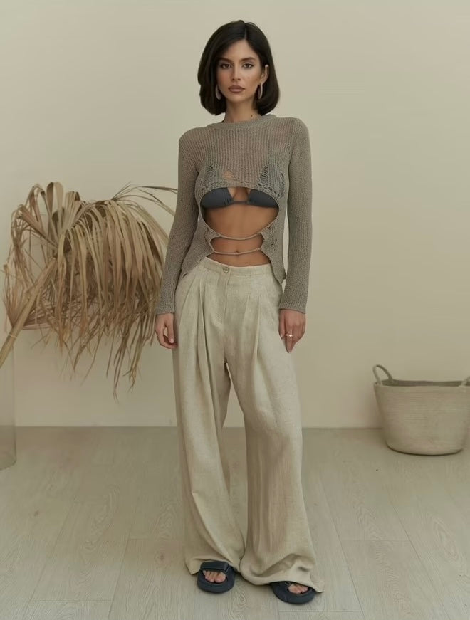 Mahoney Beige Linen Palazzo Pants