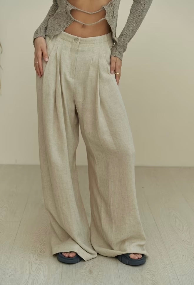 Mahoney Beige Linen Palazzo Pants