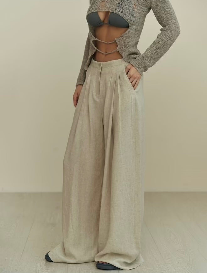 Mahoney Beige Linen Palazzo Pants