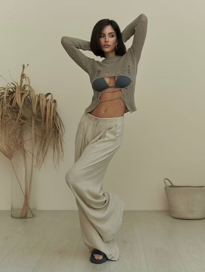Mahoney Beige Linen Palazzo Pants