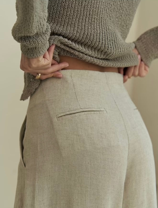 Mahoney Beige Linen Palazzo Pants